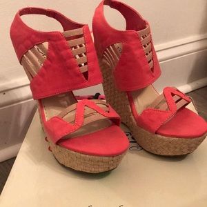Woven faux leather wedges